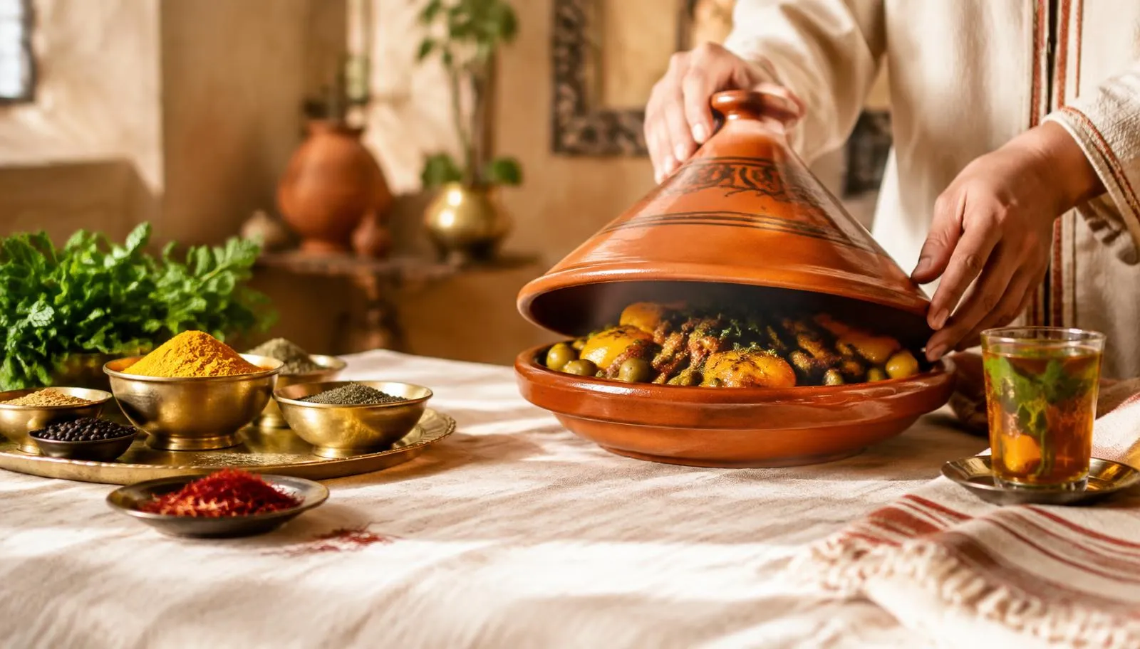 Tajine marocain entouré d’épices et de thé à la menthe