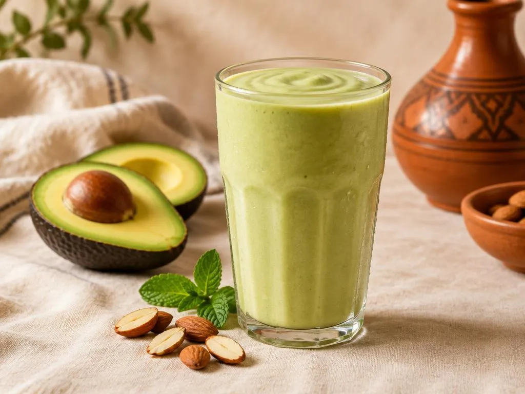 Jus d’avocat marocain onctueux servi dans un grand verre, avocat coupé, amandes et poterie en terre cuite à côté