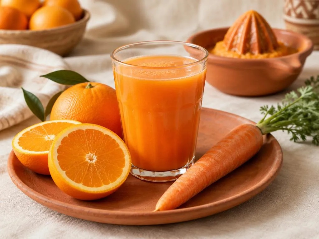 Jus d’orange et carotte fraîchement pressé servi dans un verre, oranges et carotte sur une assiette en terre cuite