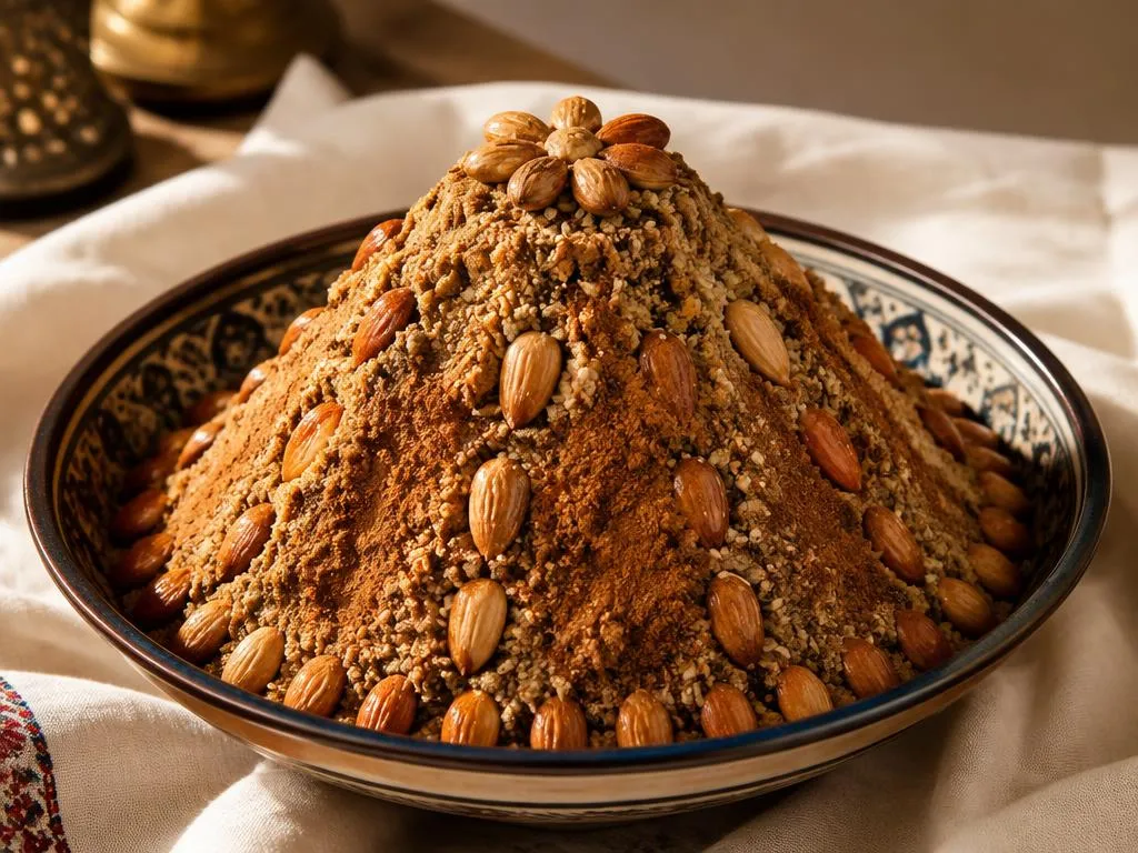 Sellou marocain façonné en dôme dans un bol en céramique, décoré d'amandes grillées entières et saupoudré de cannelle